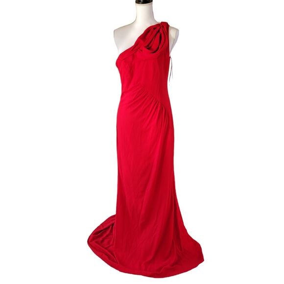 Badgley Mischka Collection Formal Gown Size 10 Red One Shoulder High Low Hem - Picture 1 of 13